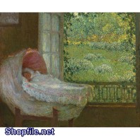 Tranh sơn dầu em bé ngủ trong nôi